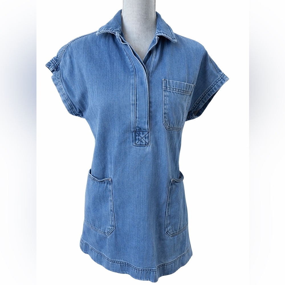 Lucky Brand Chambray Utility Tunic Top XS Short Sleeve Blue